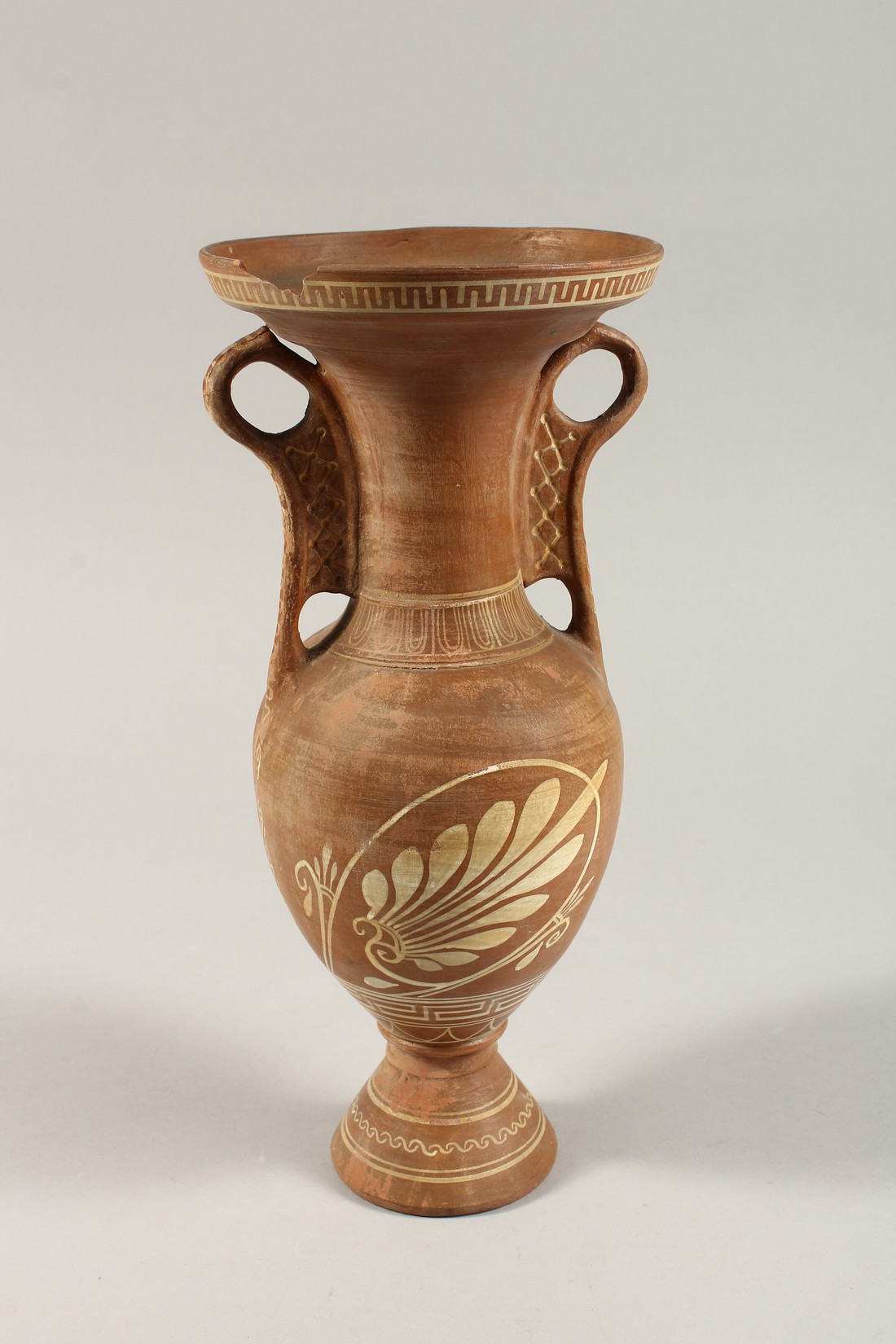 A GRAND TOUR GREEK TWO HANDLED TERRA COTTA VASE 13ins high. - Image 2 of 4