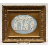 A WEDGWOOD BLUE AND WHITE GILT FRAMED PORCELAIN PLAQUE with cupids 6ins and 8ins.