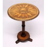 A 19TH CENTURY CIRCULAR TABLE, the star top inlaid with specimen woods on a fluted pillar and