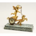 AN EMPIRE GILDED CHARIOT CLOCK on a marble base. 11ins high.