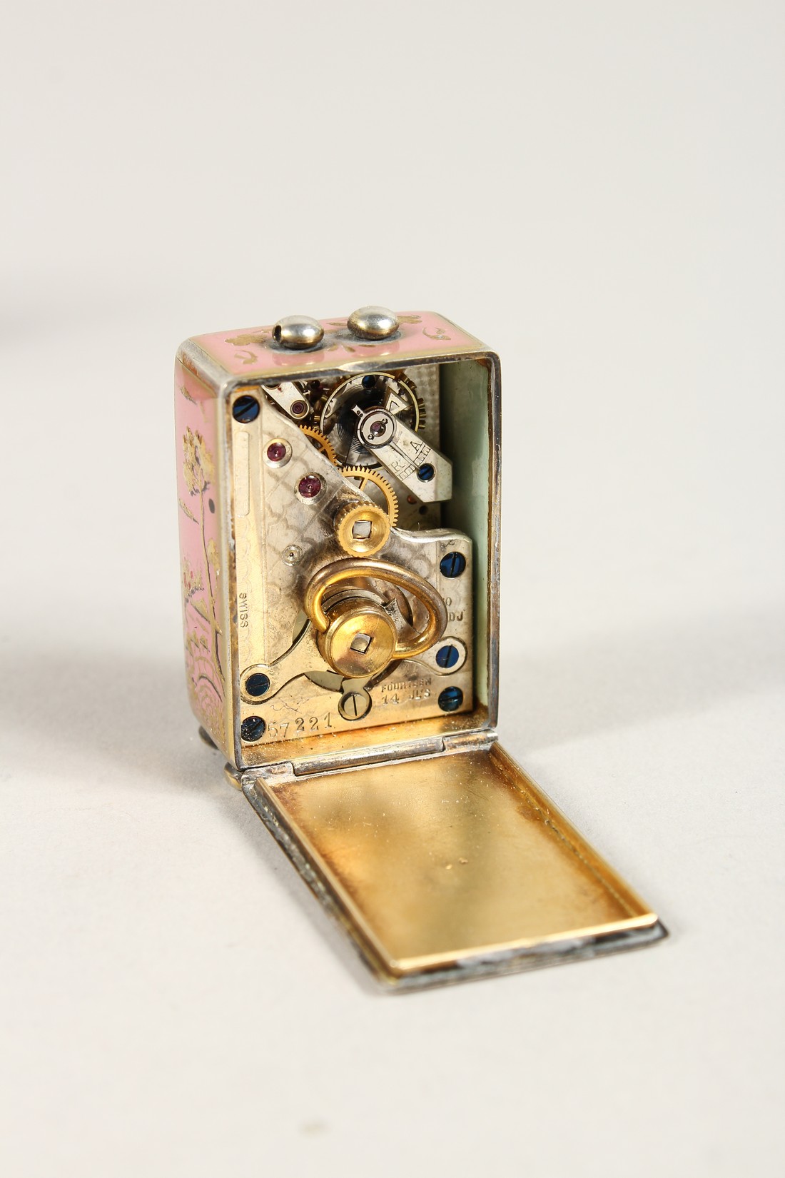 A SUPERB SMALL SILVER AND PINK ENAMEL CLOCK in a folding leather case. 1.5ins - Image 7 of 8