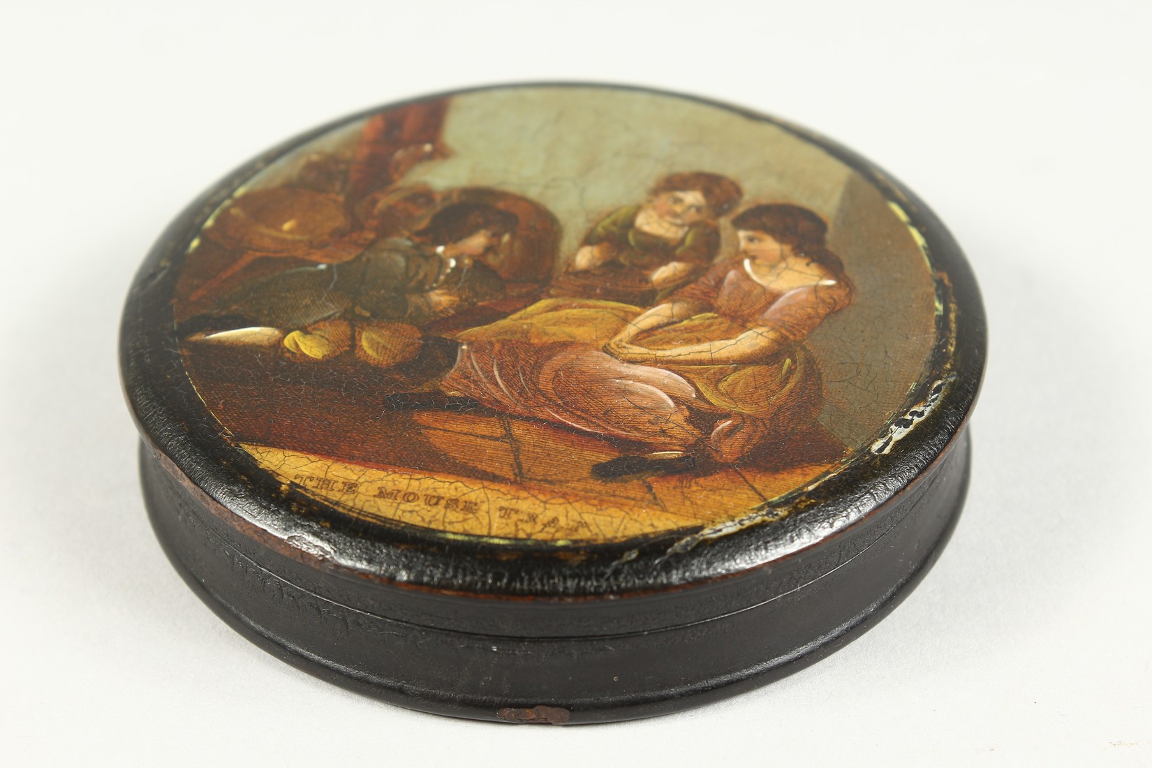 A VICTORIAN CIRCULAR PAPIER MACHE SNUFF BOX, the top with a scene "The Mouse Trap". 3.5ins - Image 3 of 5