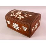 AN INLAID MOTHER OF PEARL WOODEN JEWELLERY BOX, inlaid with floral decoration, 25cm wide x 19cm
