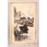 A LARGE PAIR OF CHINESE THEMED NAUTICAL PAINTED PICTURES, each depicting junk in harbours, framed,