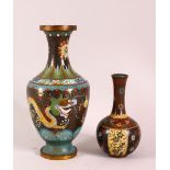 TWO CHINESE CLOISONNE VASES, one with dragons chasing pearls, the other with butterflies, 24cm &