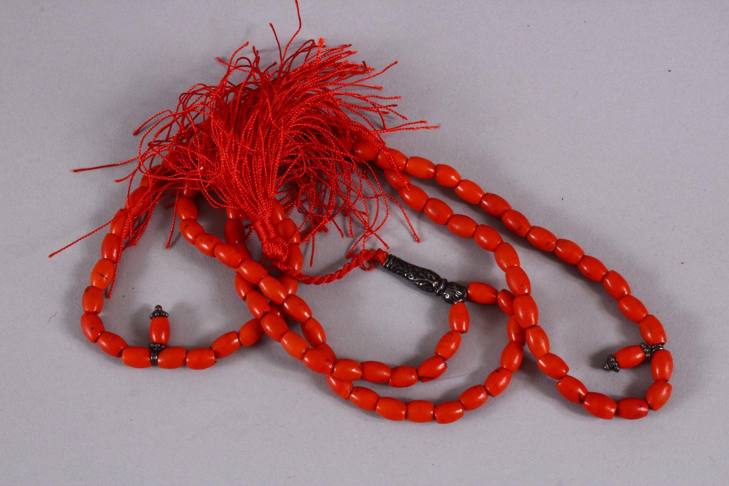 A SET OF CARVED CORAL RELIGEOUS PRAYER BEAD & INLAID IVORY TORTOISESHELL BOX, the red coral prayer - Image 2 of 4