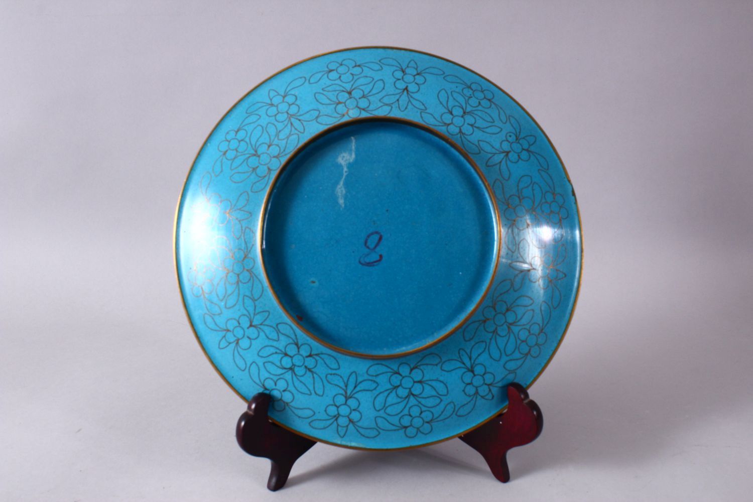 A CHINESE CLOISONNE PLATE & STAND - the dish with a royal blue ground with prunus decoration, 23cm. - Image 5 of 6