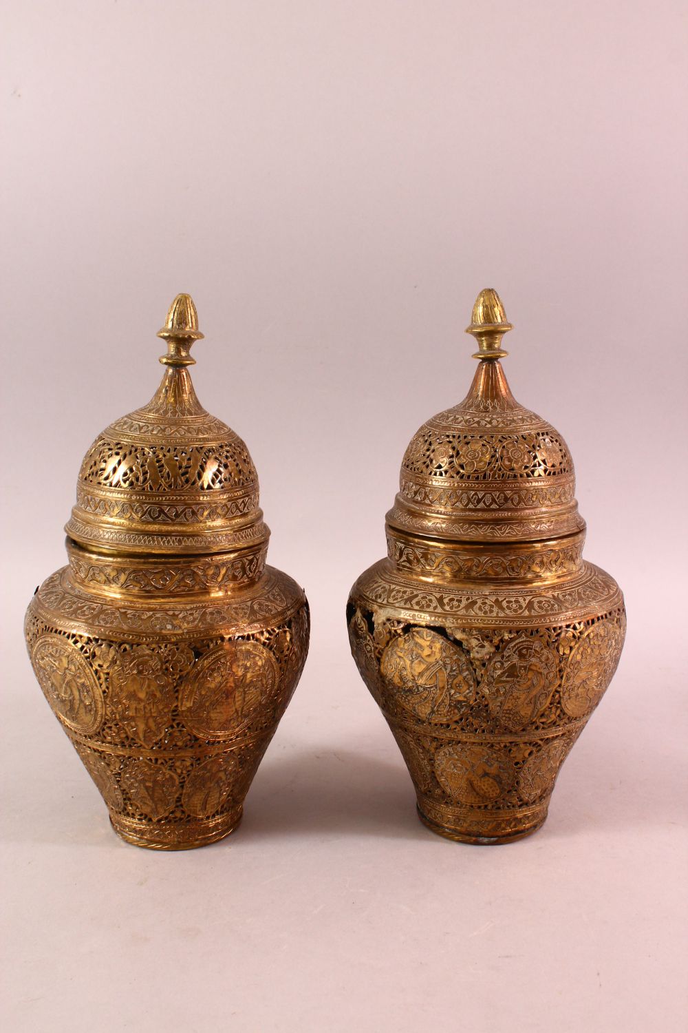 A PAIR OF QAJAR OPENWORK BRASS VASES & COVERS, with roundel figural decoration, 28cm - Image 4 of 7