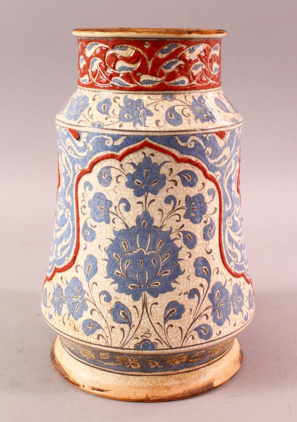 A FRENCH POTTERY IZNIK STYLE POTTERY VASE, with a hite ground and sy blue decoration with floral