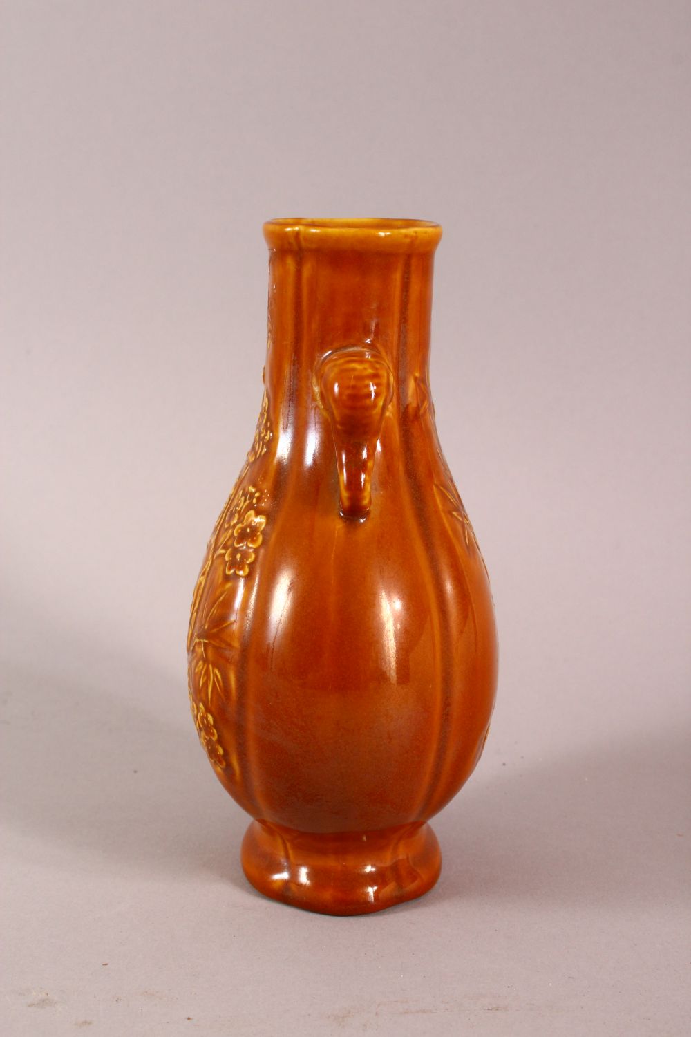 A CHINESE YELLOW GLAZED BAMBOO TWIN HANDLE VASE, the base with a seal mark, 16cm high - Image 2 of 6