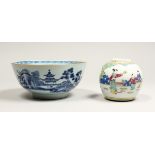 A CHINESE BLUE AND WHITE CIRCULAR BOWL, 8ins, and a ginger jar (2).