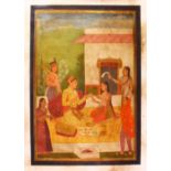 AN INDIAN PAINTING ON CANVASS OF PRINCE AND ATTENDANTS, seated in the garden having a picnic, 83cm x