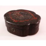 A CHINESE WOOD & LACQUER BOX, of weave style form, with a landscape view, 19.5cm