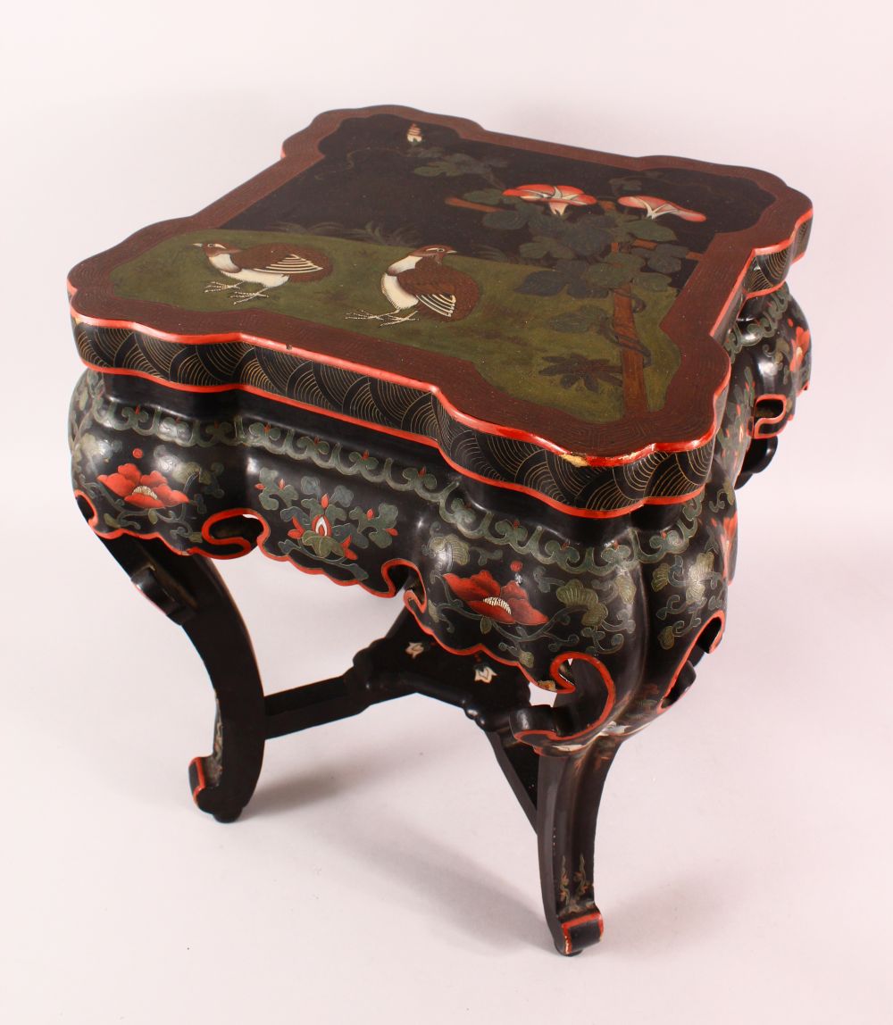 A GOOD CHINESE CARVED WOOD & LACQUER DECORATED LOW TABLE, the top with decoration of quails in