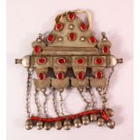 A TURKISH METAL INLAID BRIDES NECKLACE, with inlaid semi precious stones, with chain hangings.