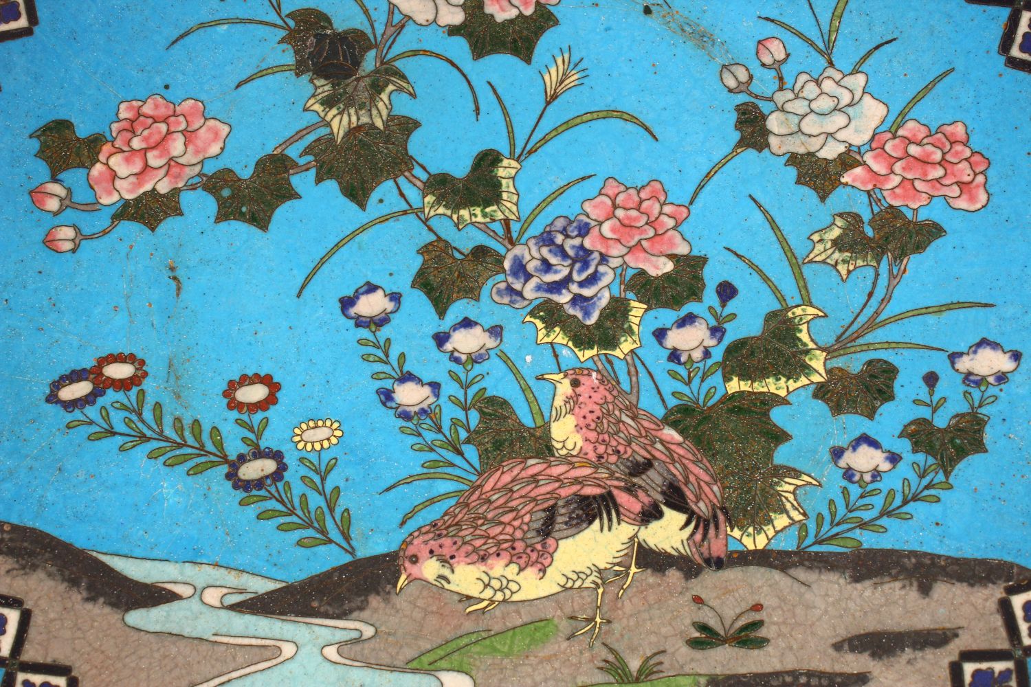 A JAPANESE CLOISONNE CIRCULAR DISH, decorated with quails by a stream, 30cm diameter. - Image 2 of 3