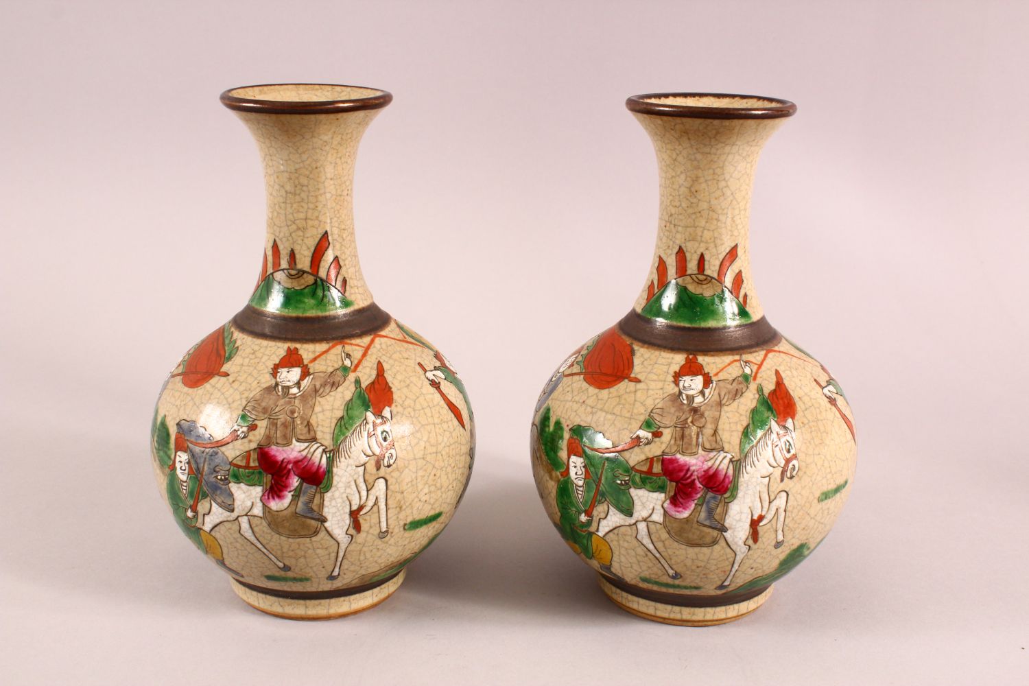 A PAIR OF CHINESE FAMILLE ROSE CRACKLEGLAZE CARNIVAL VASES, the bases with four character marks, - Image 3 of 7