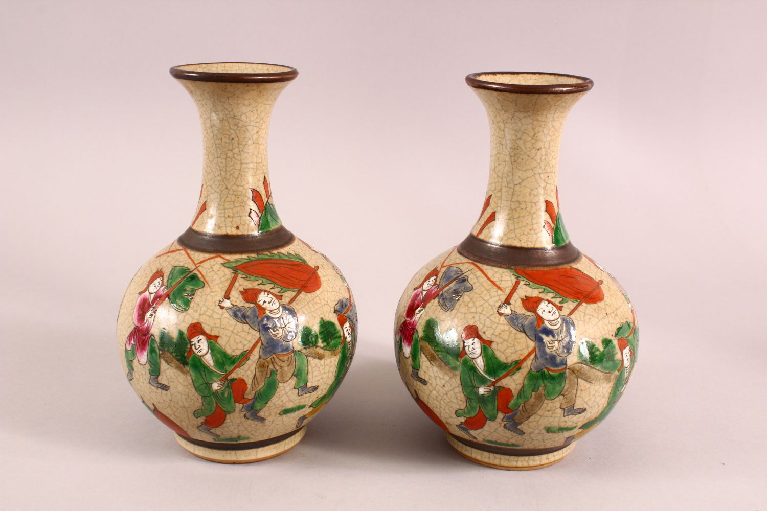 A PAIR OF CHINESE FAMILLE ROSE CRACKLEGLAZE CARNIVAL VASES, the bases with four character marks, - Image 4 of 7