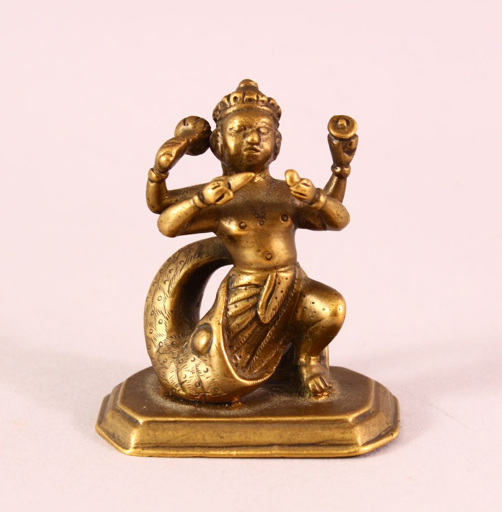 A SMALL GOOD QUALITY 19TH CENTURY BRONZE FIGURE OF MATSYA, multi arms holding objects, fish attached