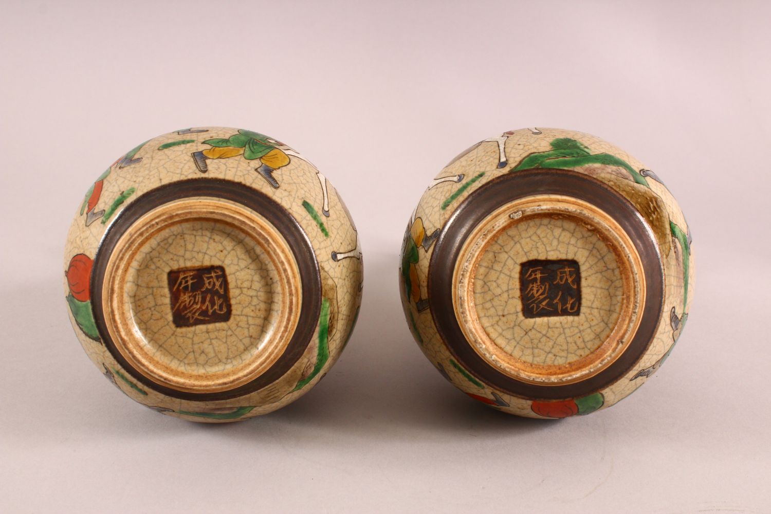 A PAIR OF CHINESE FAMILLE ROSE CRACKLEGLAZE CARNIVAL VASES, the bases with four character marks, - Image 5 of 7