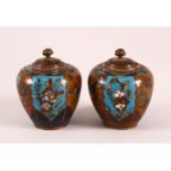 A SMALL PAIR OF CLOISONNE KORO AND COVERS, the bodies decorated insects, flowers and birds, 8cm