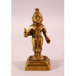 SMALL 19TH CENTURY INDIAN BRONZE DEITY FIGURE, stood holding an object, 12.5cm