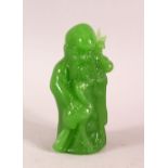 A CHINESE GREEN GLASS FIGURE OF LUOHAN, 10.5cm