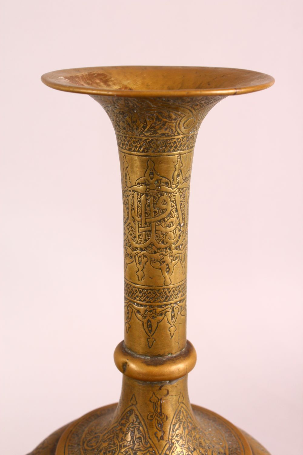 THREE PERSIAN ISLAMIC CALLIGRAPHIC BRASS VASES, each with calligraphy and motif decoration, 43cm , - Image 5 of 9