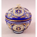 A BOHEMIAN BLUE CUT GLASS ENAMELED SWEET JAR & COVER, 17cm high.