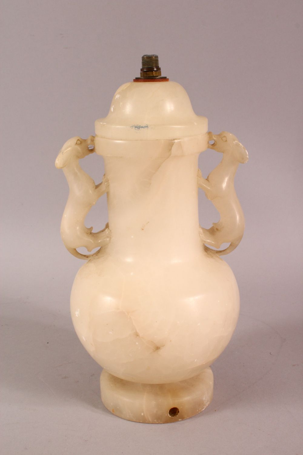 A CHINESE STYLE WHITE ONYX CARVED LIDDED VASE / LAMP, with twin moulded beast handles, overall 26. - Image 5 of 7