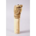 A 19TH CENTURY INDIAN MUGHAL CARVED IVORY BIRD FORMED DAGGER HANDLE, 13cm.