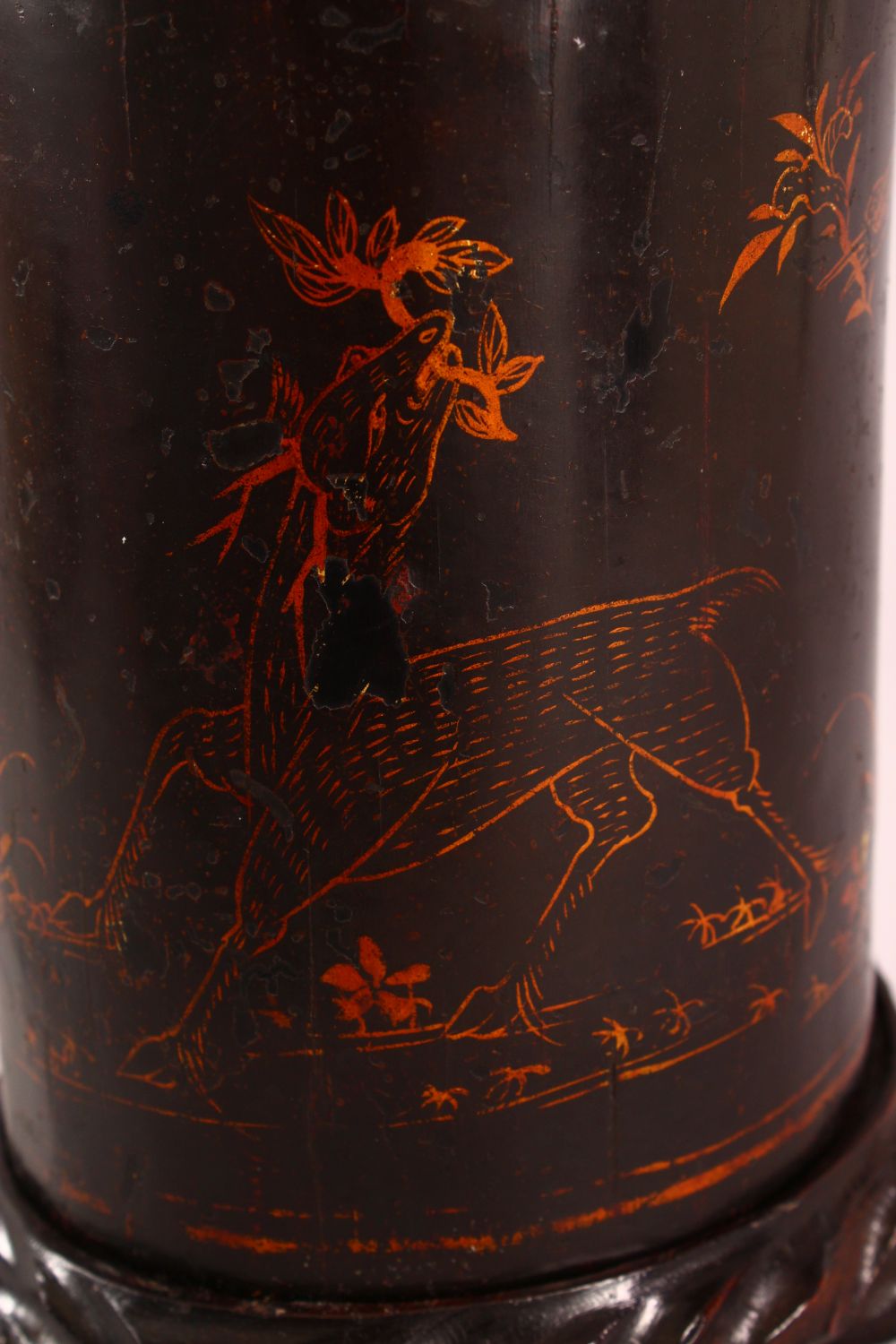 A CHINESE LACQUERED BAMBOO BRUSH WASH AND STAND, the body decorated with birds in landscapes, 19cm - Image 5 of 7