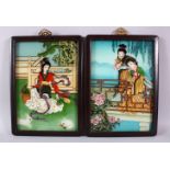 A PAIR OF REVERSE PAINTED FRAMED PICTURES, of young ladies, 34cm x 23cm.
