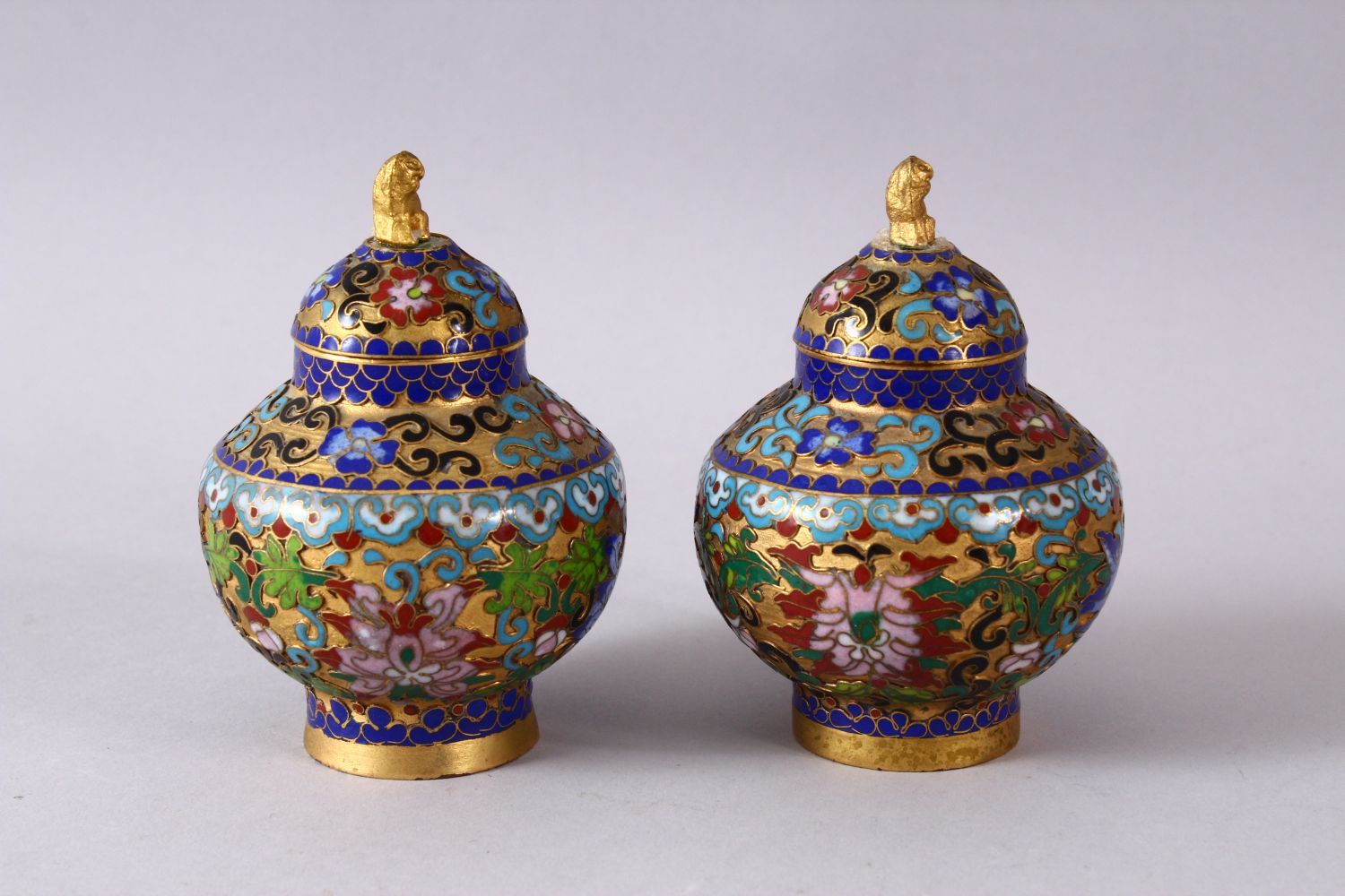 A PAIR CHINESE CLOISONNE JAR & COVERS, each decorated in similar style with raised enamel decoration - Image 2 of 6