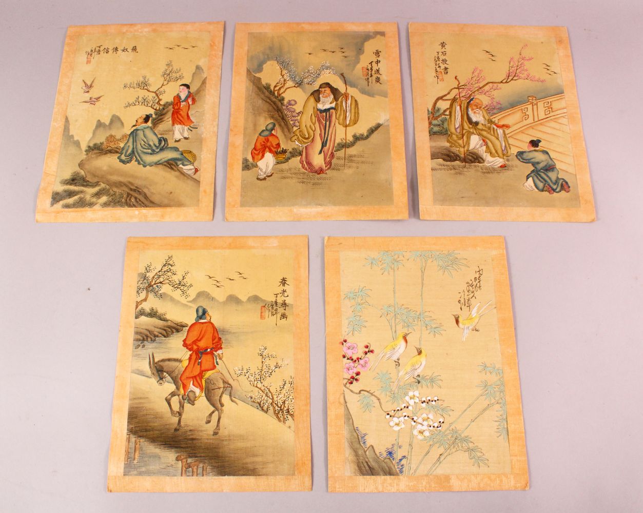 A COLLECTION OF FIVE CHINESE PAINTINGS ON PAPER, depicting scholars, birds, and a figure on a