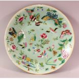 A 19TH CENTURY CHINESE CELADON FAMILLE ROSE PORCELAIN PLATE, With decoration of birds, flowers and