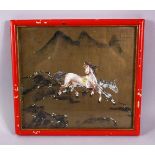 A GOOD CHINESE PAINTING OF TWO HORSES IN A LANDSCAPE, on a gold ground, with twin horses galloping