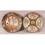TWO CHINESE FAMILLE ROSE CANTON PORCELAIN PLATES, each decorated with figures in garden settings