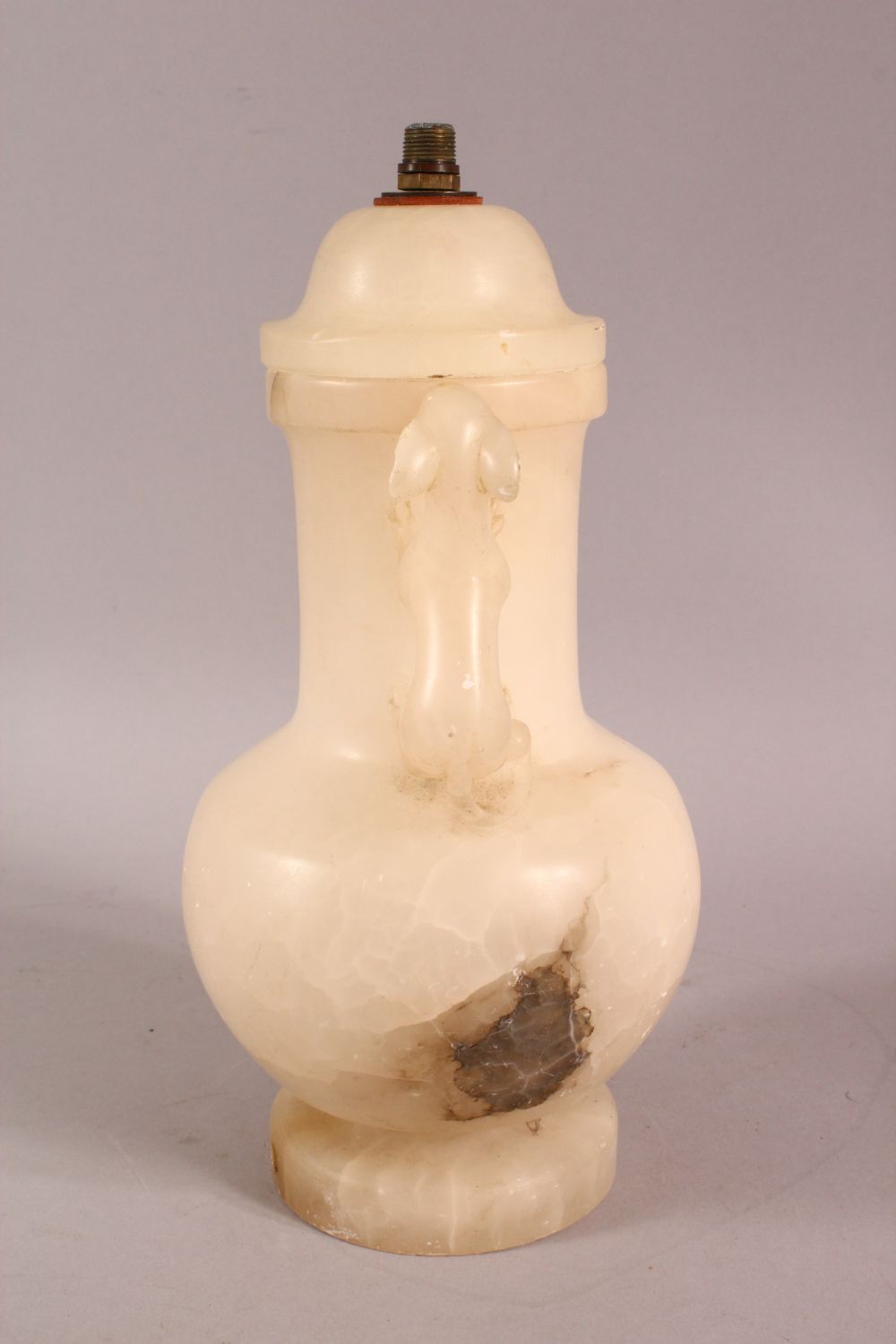 A CHINESE STYLE WHITE ONYX CARVED LIDDED VASE / LAMP, with twin moulded beast handles, overall 26. - Image 4 of 7
