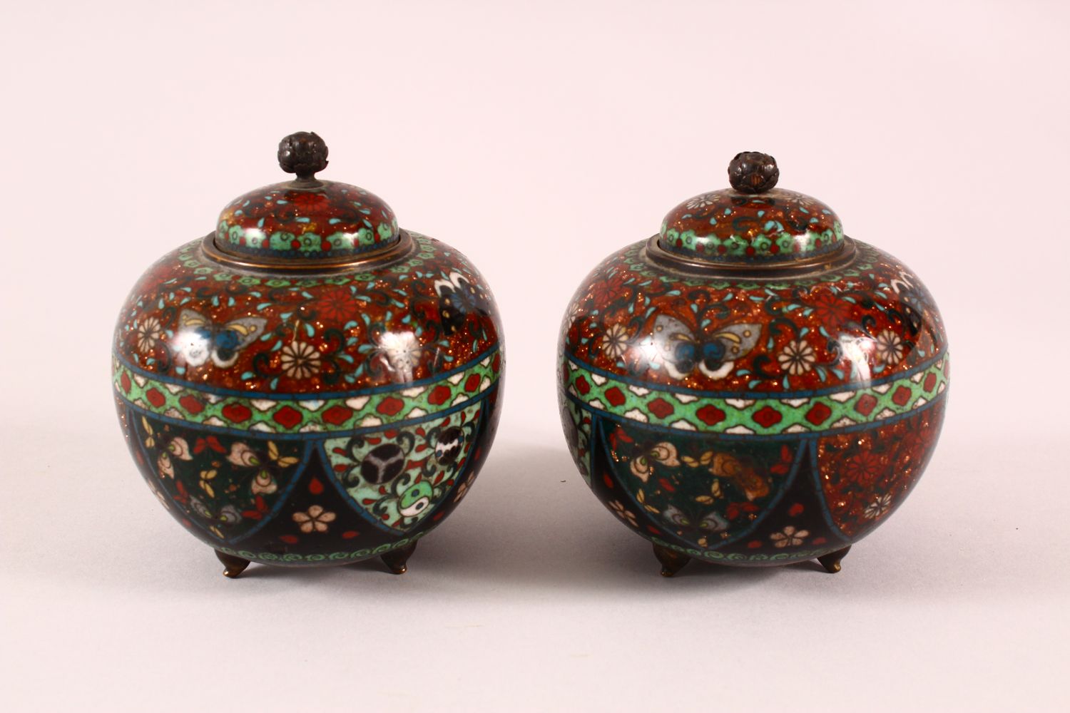 A PAIR OF CLOISONNE BULBOUS KOROS AND COVERS, the shouldered decorated with butterflies and - Image 3 of 6