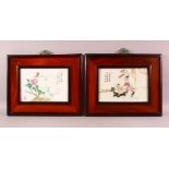 A PAIR OF CHINESE FAMILLE ROSE PORCELAIN PANELS, depicting birds and flora, mother and child, each