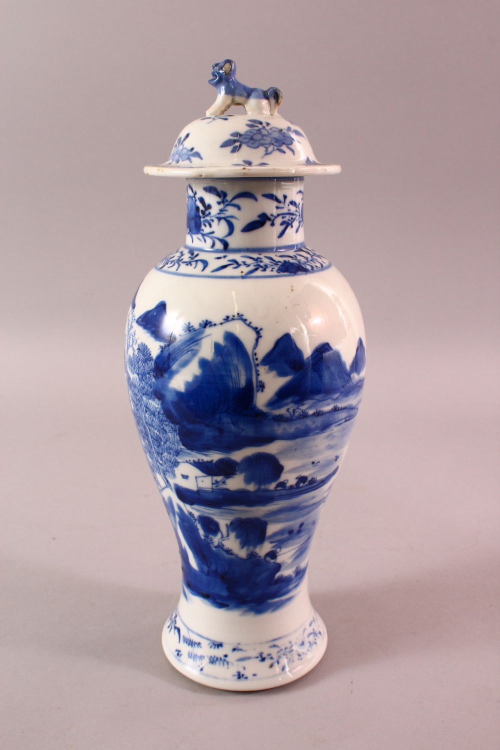 A CHINESE BLUE & WHITE PORCELAIN LANDSCAPE VASE, with decoration of landscapes, with a lion dog - Image 4 of 8