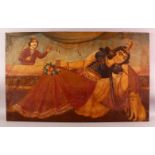 A LARGE QAJAR OIL ON CANVAS PAINTING - RECLINING FEMALE FIGURE, seated upon a chair with a prince