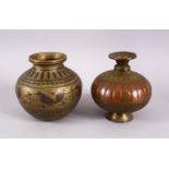 TWO 18TH CENTURY SOUTH INDIAN COPPER & BRASS MOULDED LOTA VASES, 11.5cm & 10.5cm.