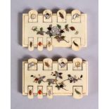 A PAIR OF JAPANESE MEIJI PERIOD SHIBAYAMA IVORY GAMES COUNTERS, each inlaid with semi precious