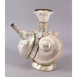 A UNUSUAL 18TH CENTURY INDIAN GOA INLAID MOTHER OF PEARL SHELL FORMED WATER EWER, 24cm X 22cm.