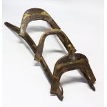 A LATE 19TH CENTURY WROUGHT IRON AND WOOD CAMEL SEAT, approx. 130cm long.