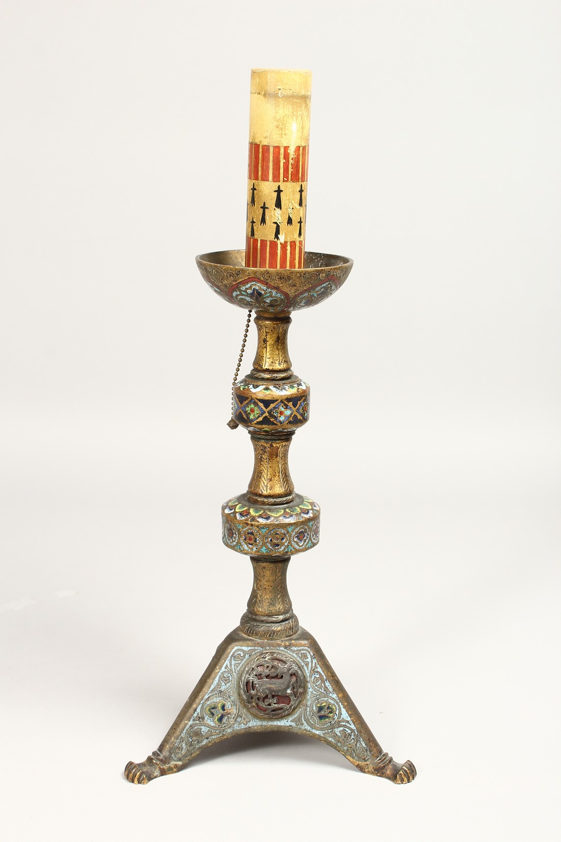 AN EARLY ORIENTAL CHAMPLEVE ENAMEL CANDLESTICK, 12ins high. - Image 3 of 9