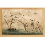 A CHINESE PAINTING ON SILK, depicting three figures hunting birds, framed 43.5cm x 32cm