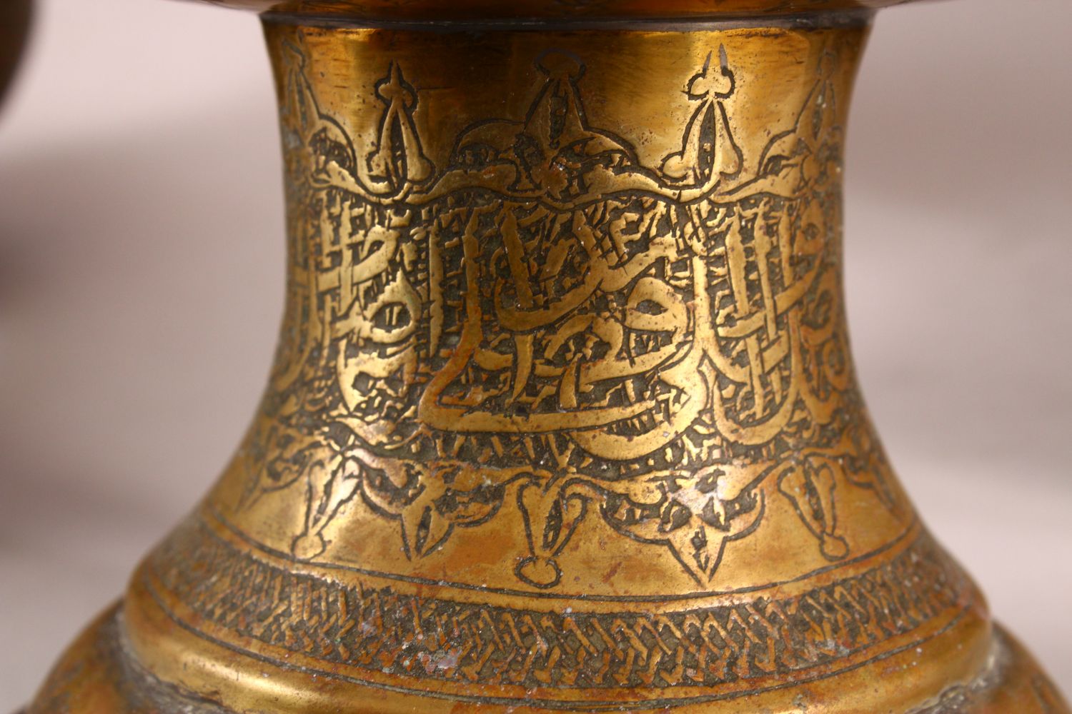 THREE PERSIAN ISLAMIC CALLIGRAPHIC BRASS VASES, each with calligraphy and motif decoration, 43cm , - Image 8 of 9
